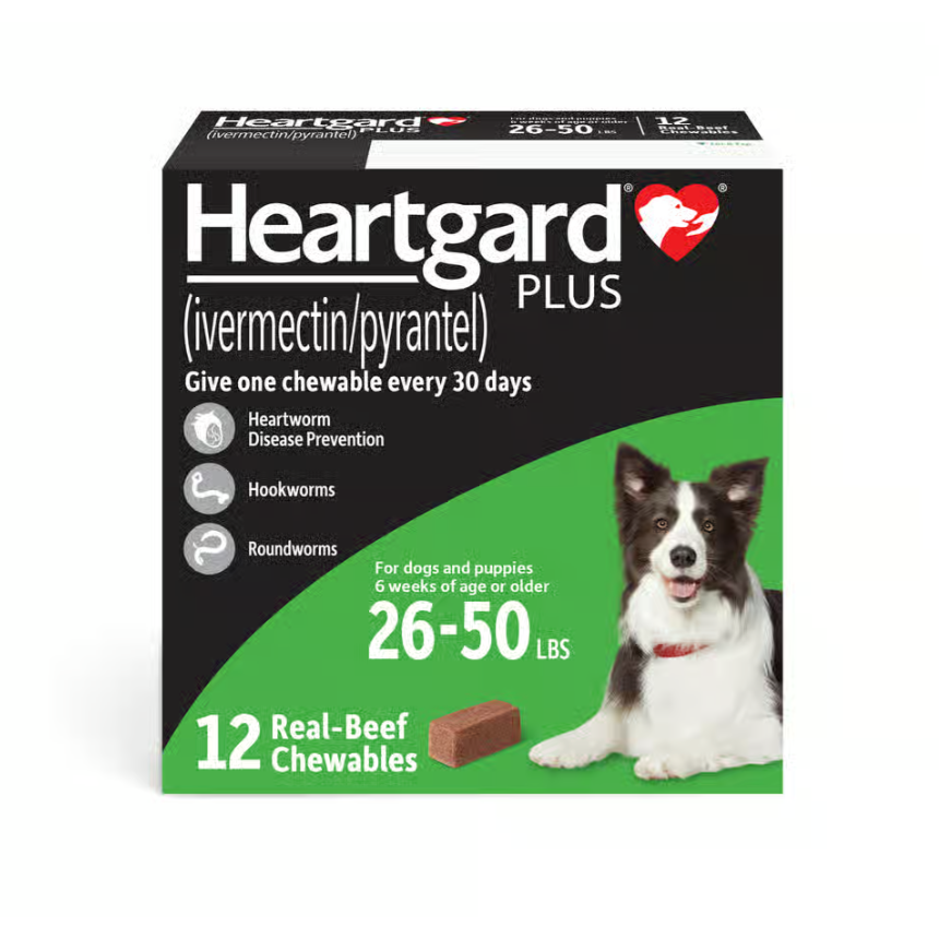 Heartgard Plus Chew Tabs for Dogs, 26-50 lbs, Green, 12 Dose (Carton of 5)