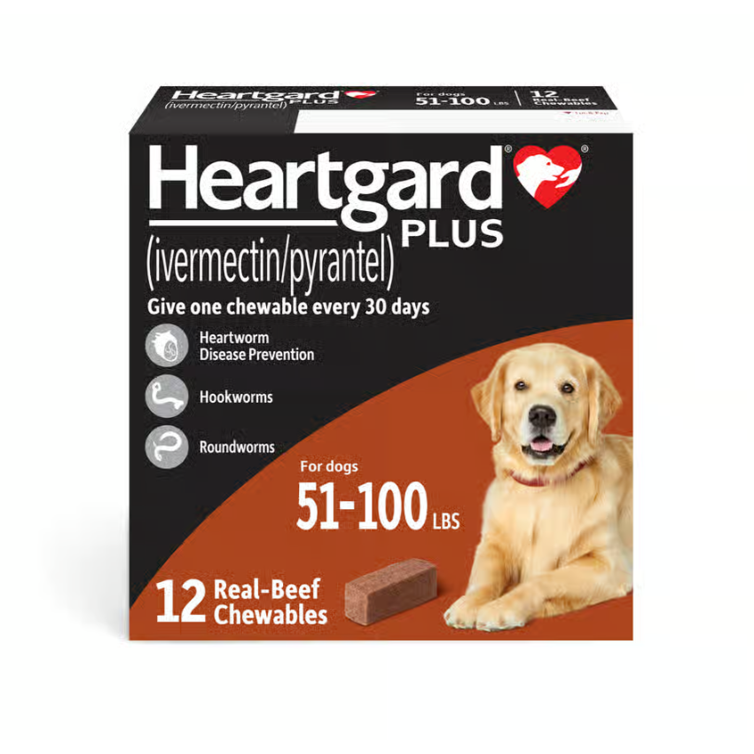 Heartgard Plus Chew Tabs for Dogs, 51-100 LBS lbs, Brown, 12 Dose (Carton of 5)