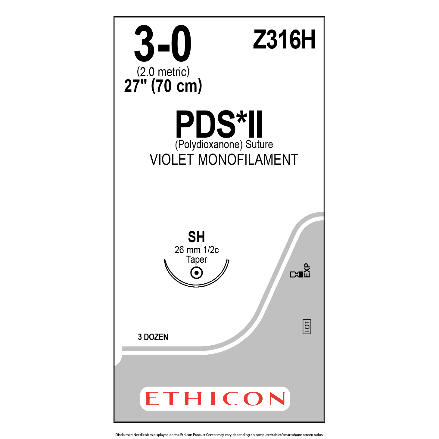 Ethicon PDS*II Violet Monofil 3-0 27" 26mm 1/2c Taper, 36ct 