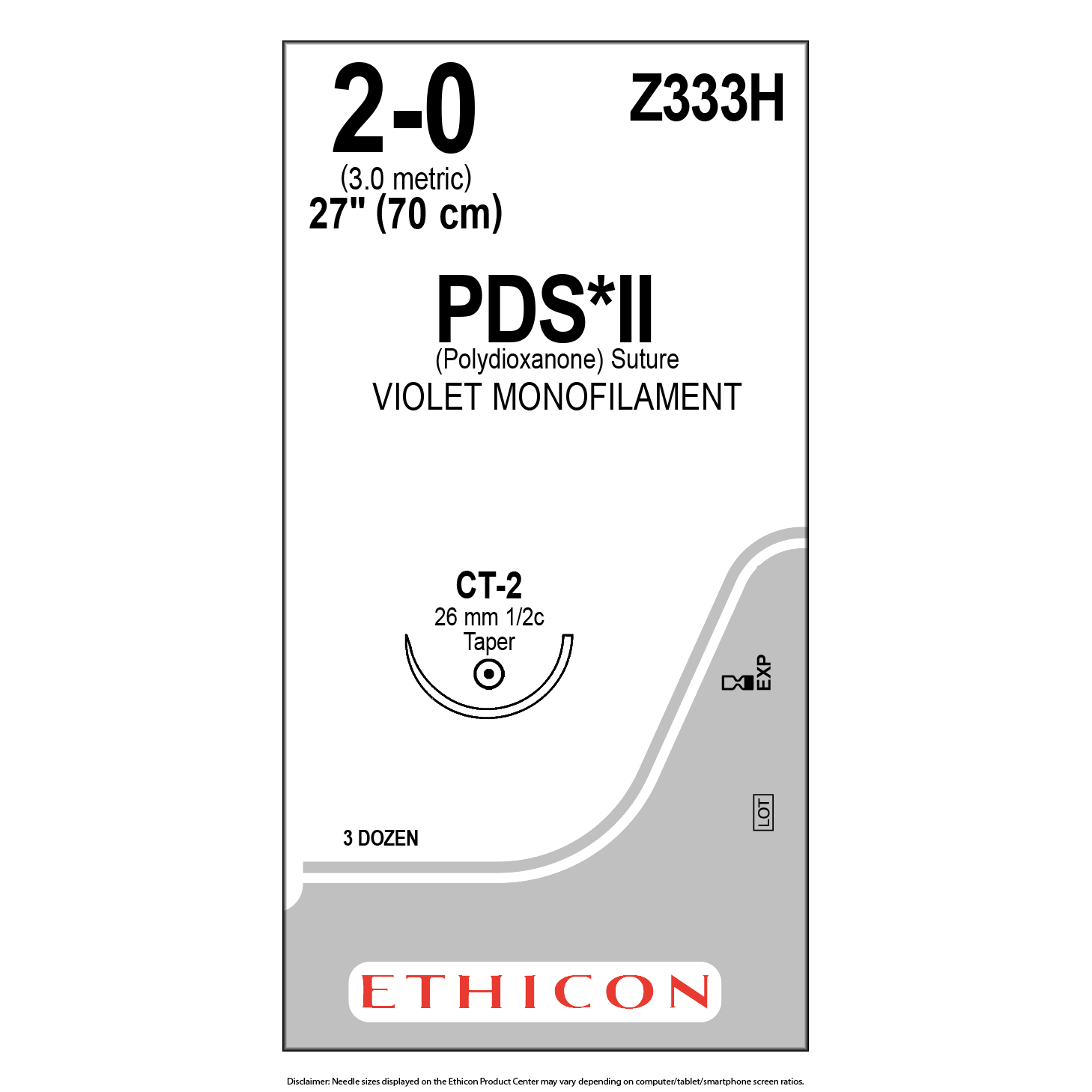 Ethicon PDS*II Violet Monofil 2-0 27" 26mm 1/2c Taper 36ct