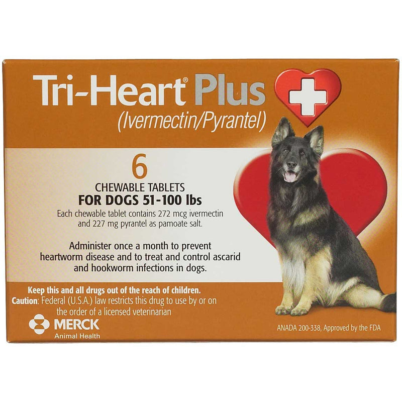 Tri-Heart Plus Chewable Tablets for Dogs, 51-100 lbs, Brown Box 10 Pack (6 DOSE)