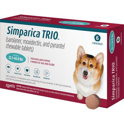 Simparica Trio Dog 22-44 LBS Blue 6 Month CHEW TAB (Carton of 5)