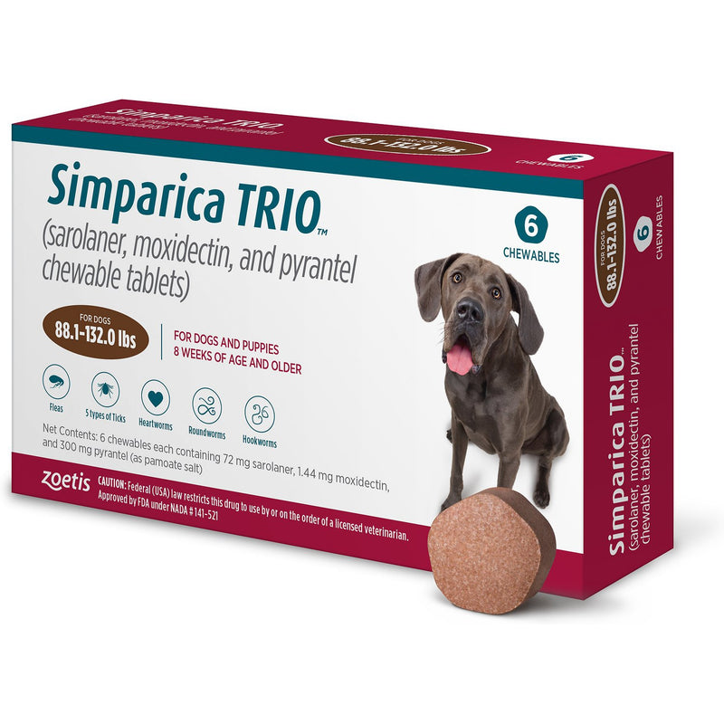 Simparica Trio Dog 88-132 LBS Brown 6 Month CHEW TAB (Carton of 5)