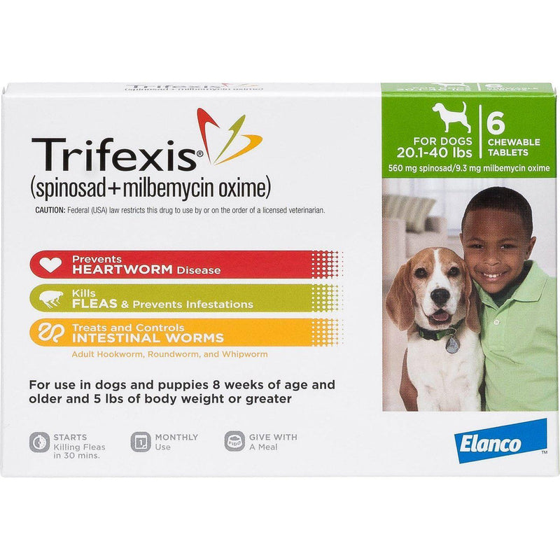 Trifexis Chew Tabs for Dogs, 20-40 lbs, Green, 6 Dose (Carton of 10)