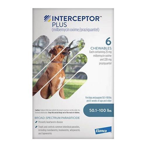 Interceptor Plus Chewable Tablets, for Dogs 50.1-100 lbs, 6 Treatments, Blue Box (Carton of 5)